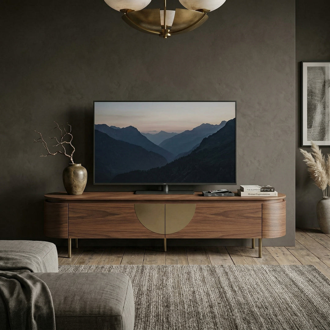 Light walnut finish Bellissama entertainment unit with open shelves and storage compartments, designed for TV and media accessories.