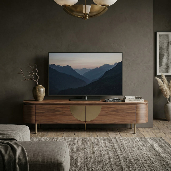 Light walnut finish Bellissama entertainment unit with open shelves and storage compartments, designed for TV and media accessories.