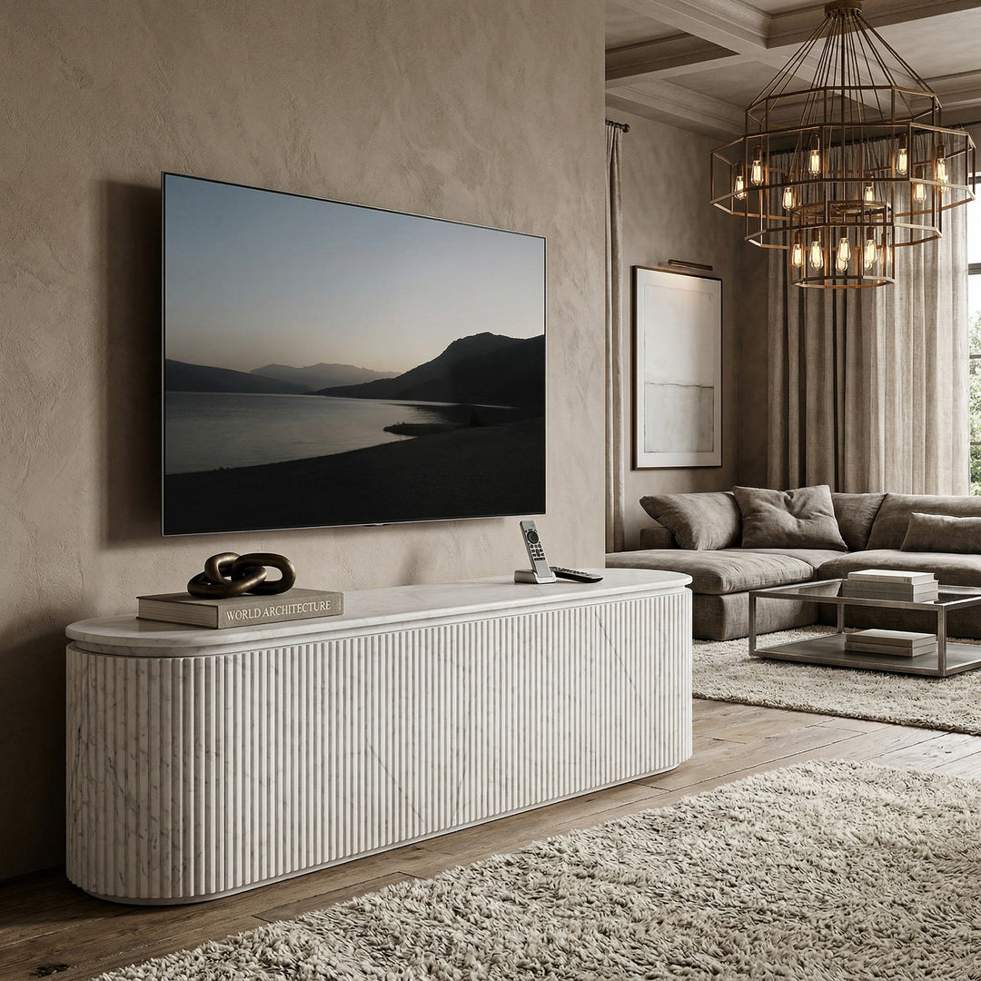 Verona TV unit entertainment center with marble finish, modern design, featuring open shelves and closed storage compartments.