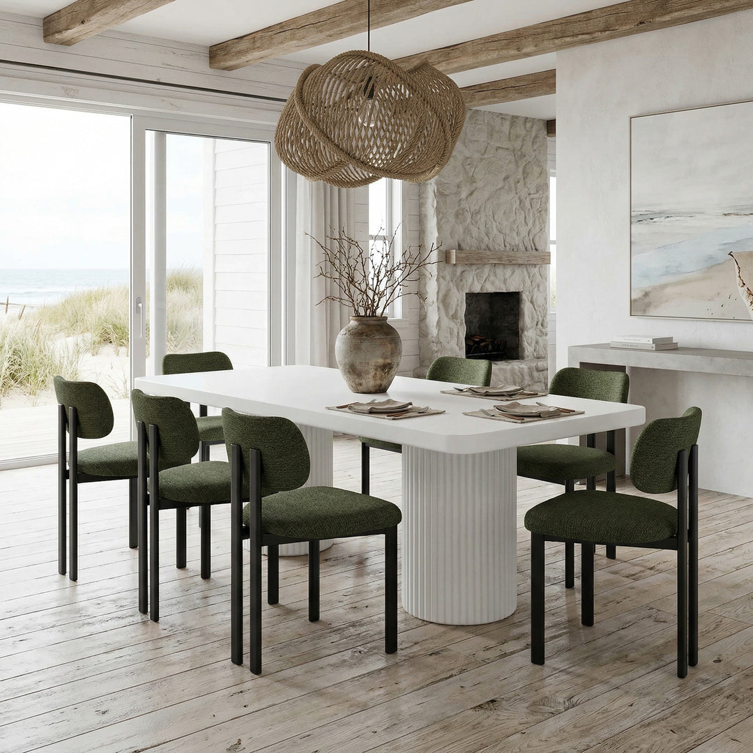 White rectangular dining table measuring 2.4 meters, with a modern design suitable for dining room settings.