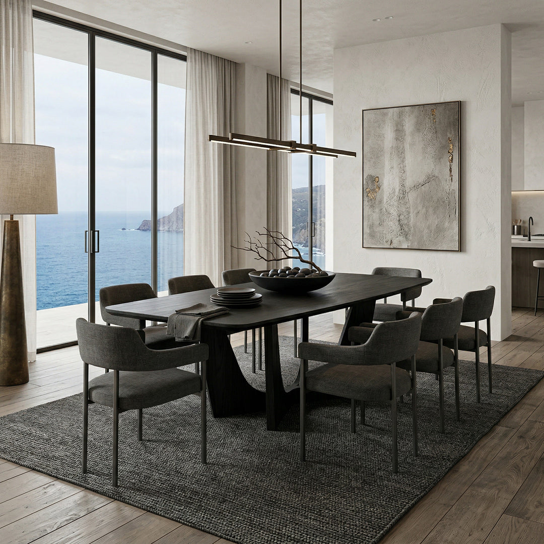Black oak grain Vogue dining table, 2.4m long, set in a modern dining room with chairs and stylish decor.