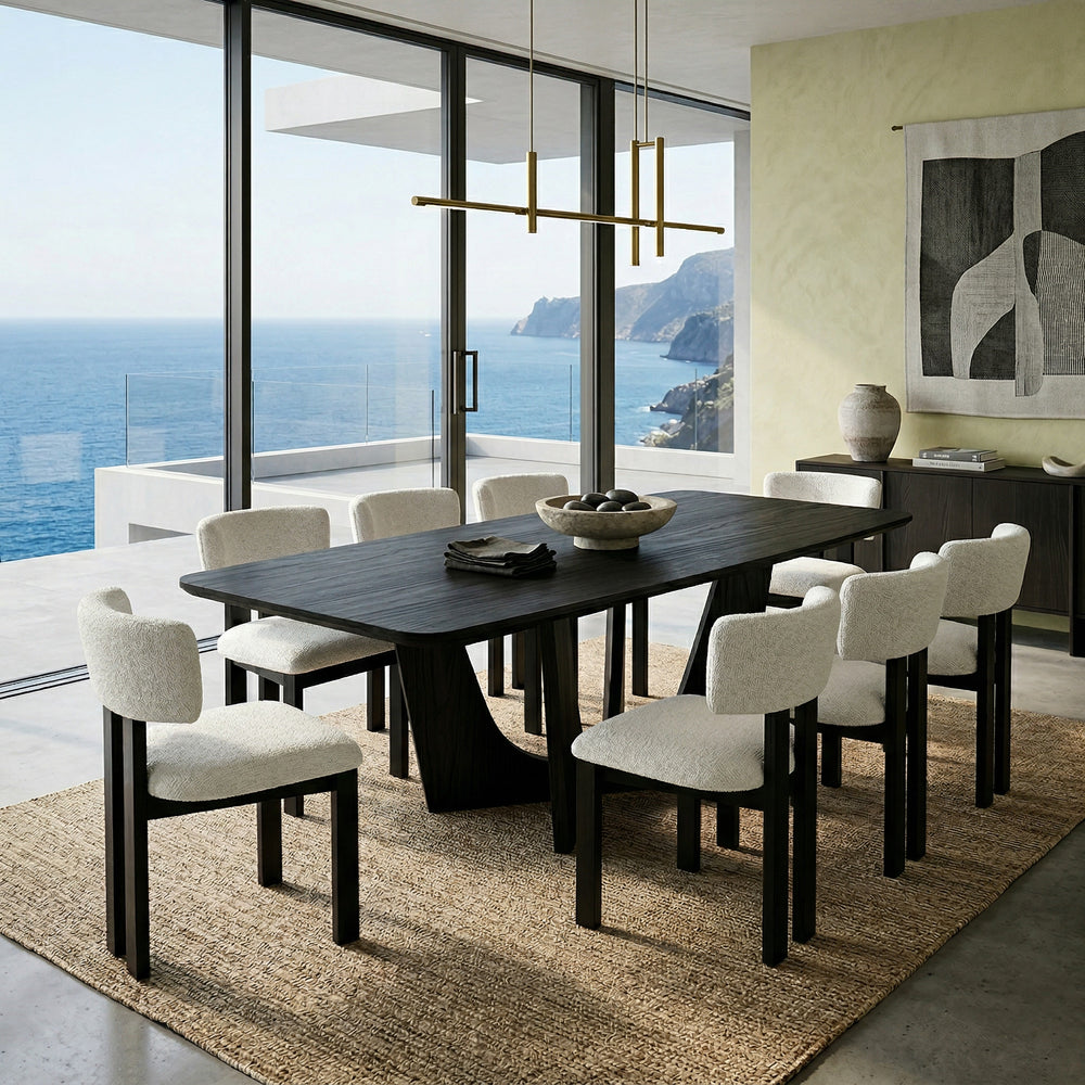 Black oak grain Vogue 2.4m dining table in a modern dining room setting, showcasing its sleek design and spacious surface.