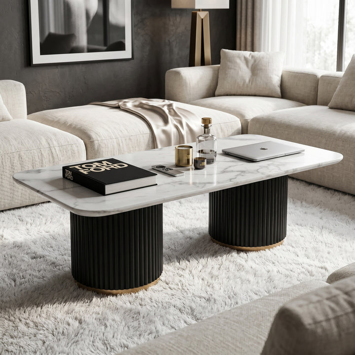 Black wood Mariella coffee table with fluted legs and brushed gold accents, modern design and sleek finish.
