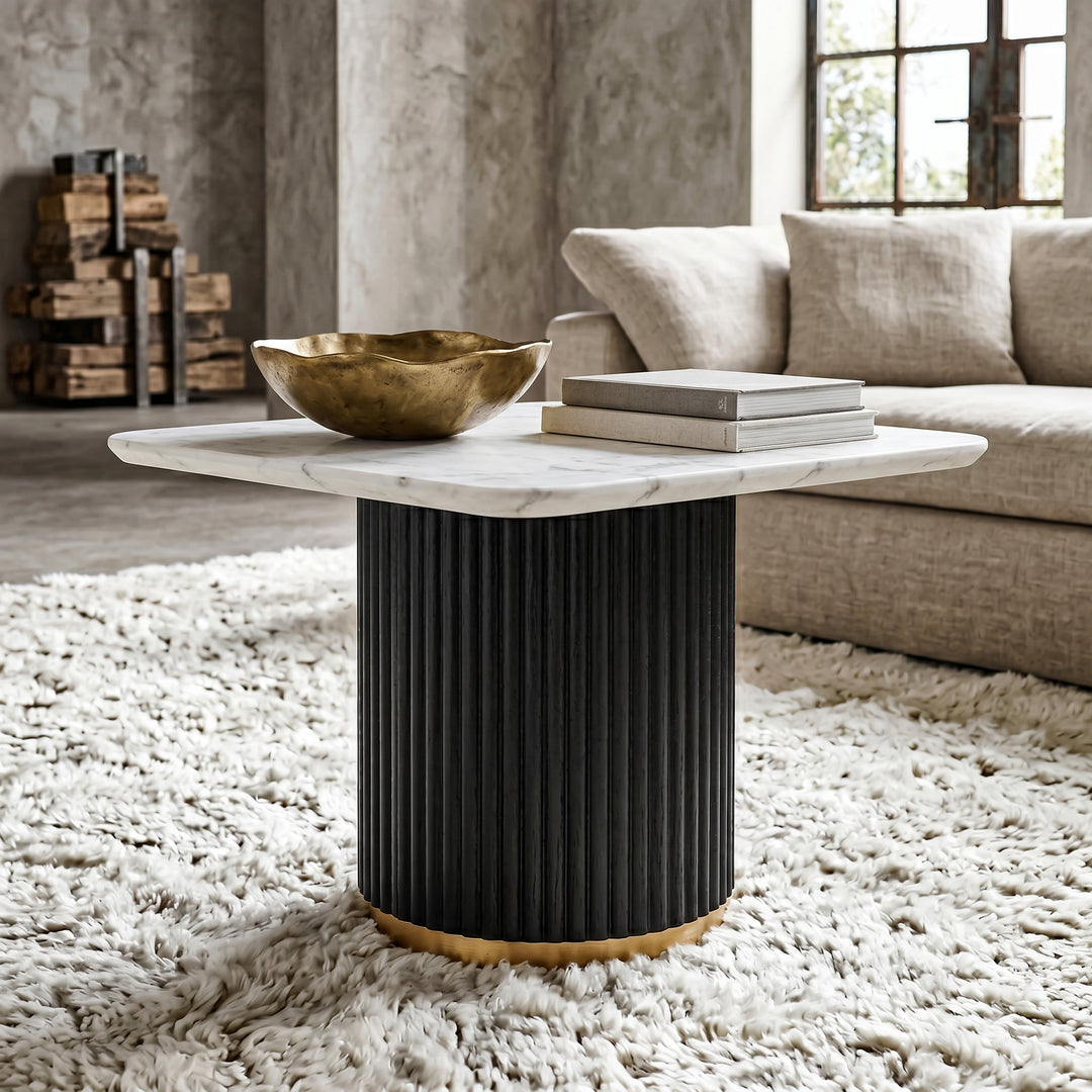 Black wooden Mariella side table with fluted legs and brushed gold accents, showcasing modern design and elegant craftsmanship.
