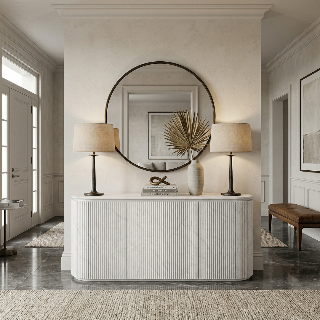 Marble-finish Verona dining table, 1.8 meters long, with sleek surface and modern design in an elegant entrance hall setting.