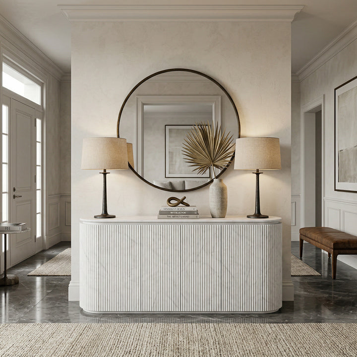 Marble-finish Verona TV unit in an elegant entertainment center with sleek storage compartments and modern design.
