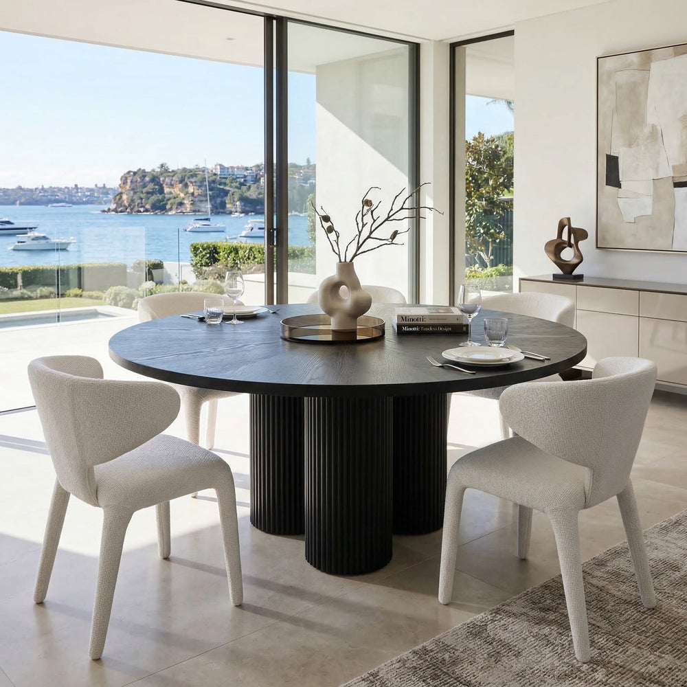 Round marble-top dining table with fluted wooden legs, measuring 1.5 meters, modern style for contemporary dining rooms.