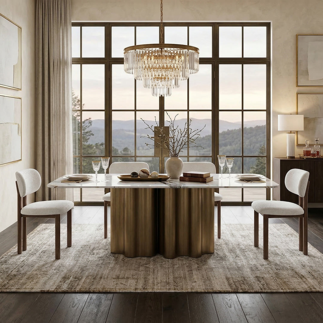 Ripple 2.4m dining table with marble top in a modern dining room setting, showcasing sleek design and elegant craftsmanship.