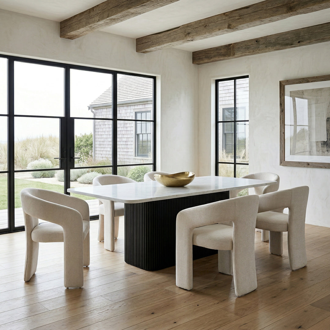 Marble-top Miami Rectangle Dining Table, 1.8m length, modern design, with sleek white marble surface and sturdy base.