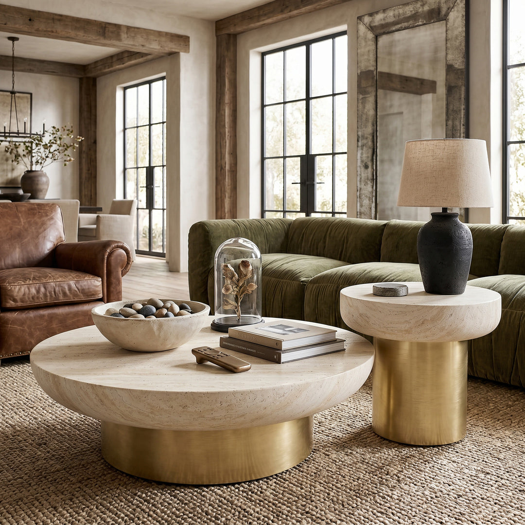 Nano banana travertine coffee and side tables, modern Ferrara coffee table set with sleek, natural stone surfaces.