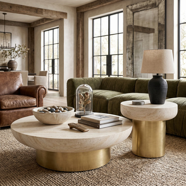 Nano banana travertine coffee and side tables, modern Ferrara coffee table set with sleek, natural stone surfaces.