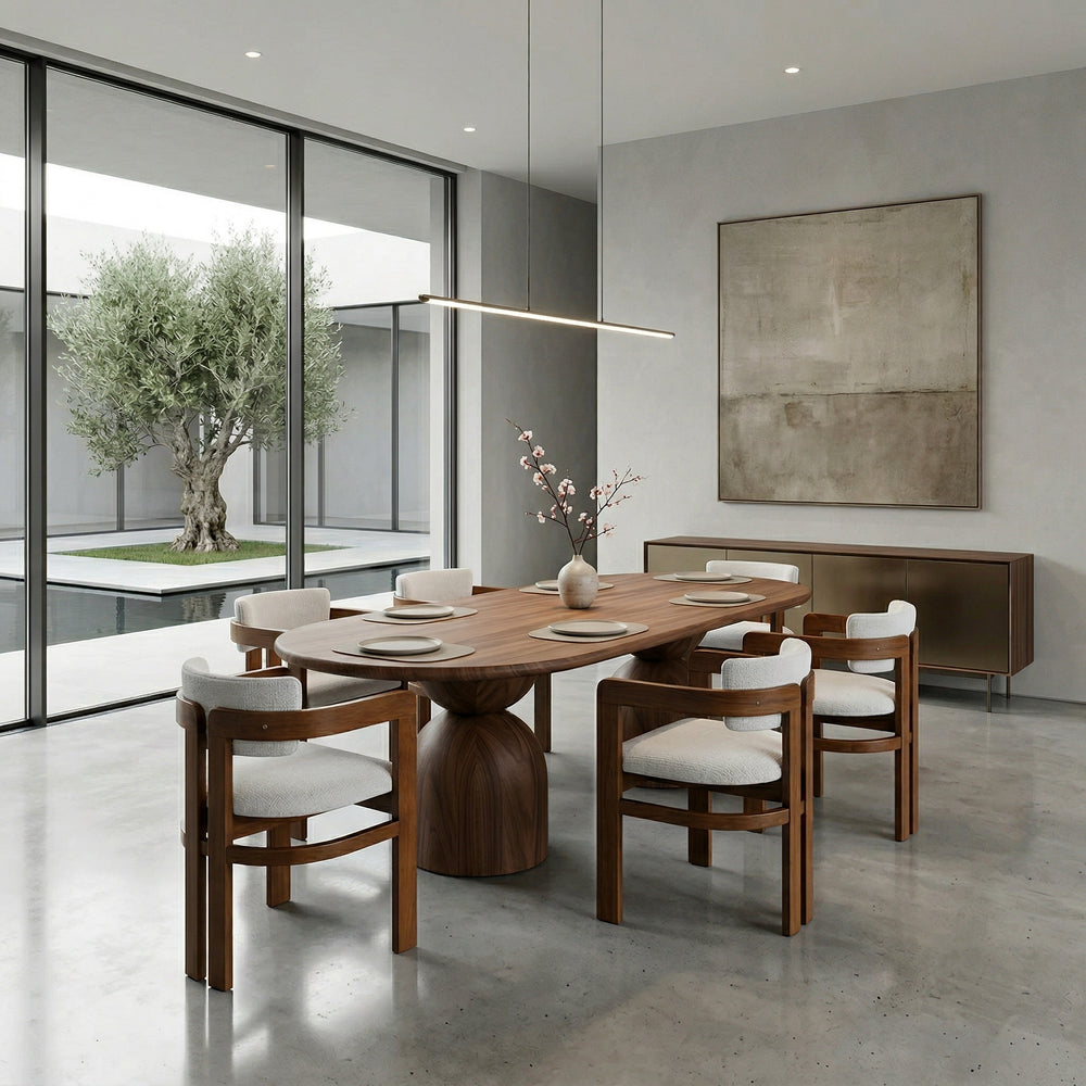 Beige Corsana dining chair with wooden legs, shown alongside a walnut dining table in a modern dining room setting.