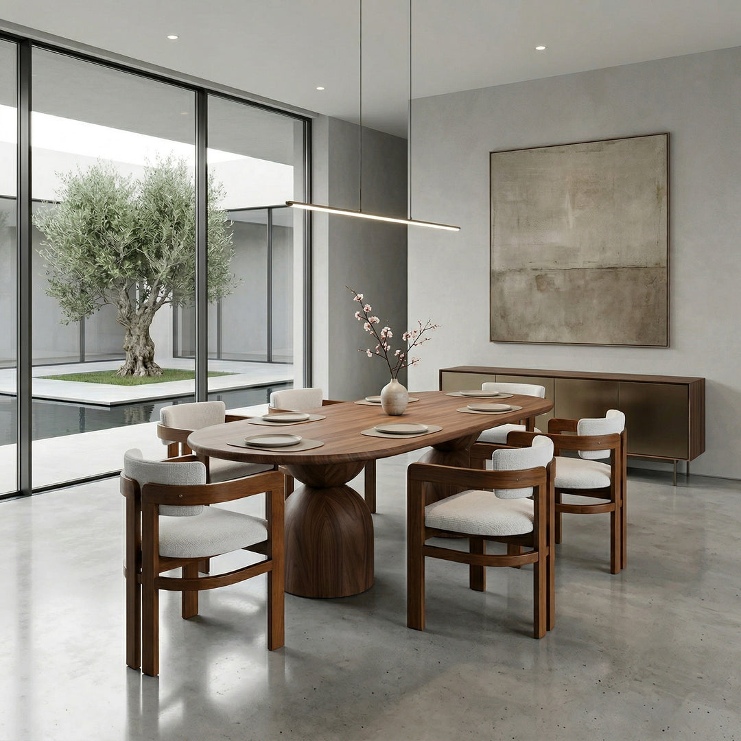 Beige Corsana dining chair with modern design, shown with a walnut dining table in a stylish dining room setting.