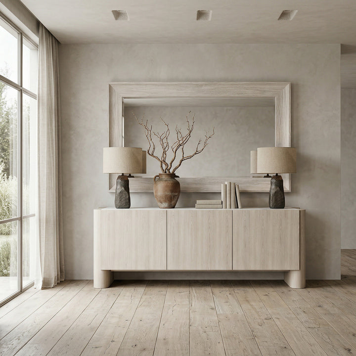 White wash Palisades Sideboard buffet with sleek design, featuring multiple storage compartments for dining room organization.