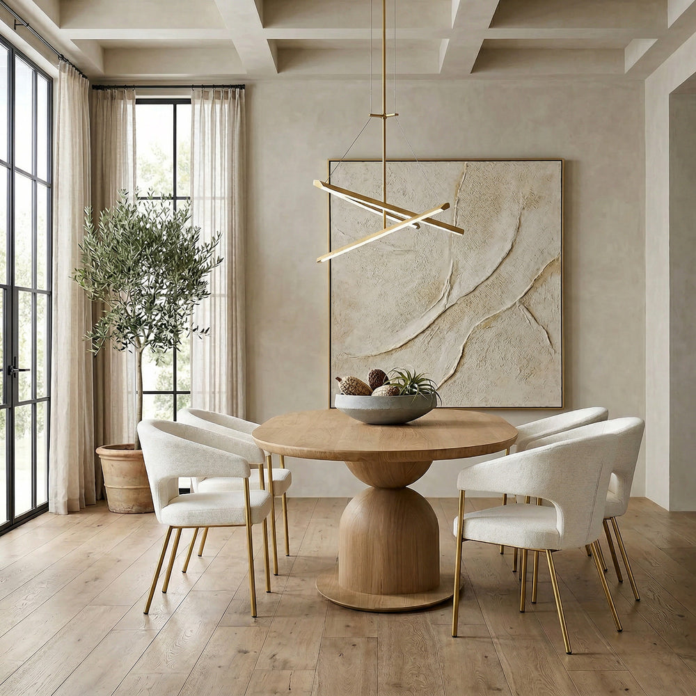 Cream Maria dining chair with sleek design, shown alongside a large oak dining table in a modern dining room setting.