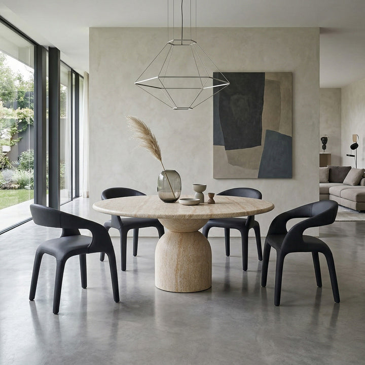 Round travertine dining table, 1.2m size, with a smooth surface and modern design, perfect for contemporary dining spaces.