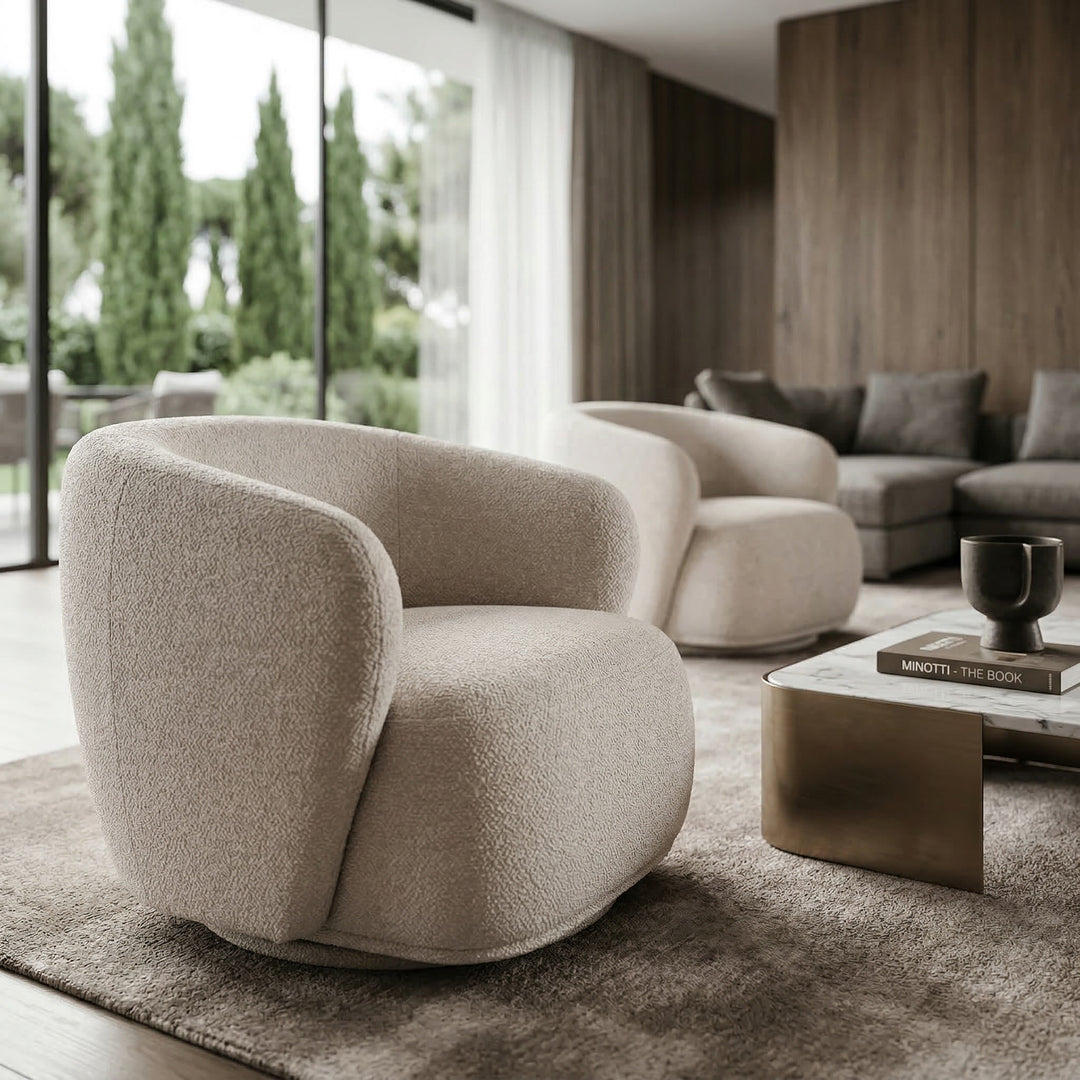 Bianco swivel chair in a modern living room, featuring a rounded seat and backrest with a sleek, contemporary design.