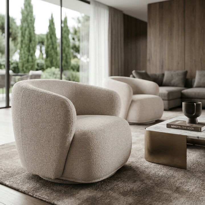 Bianco swivel chair in a modern living room, featuring a rounded seat and backrest with a sleek, contemporary design.
