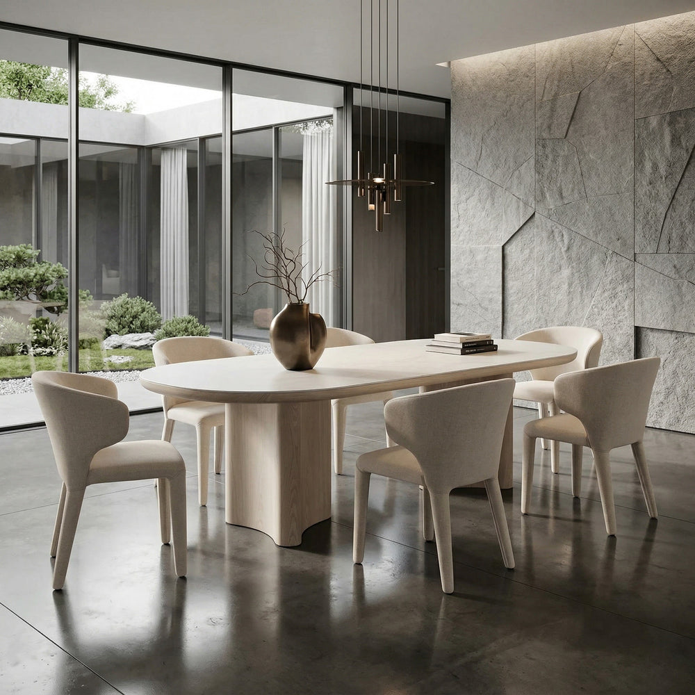 White wash Romano dining chair with a modern design, shown next to a ceramic-topped dining table.