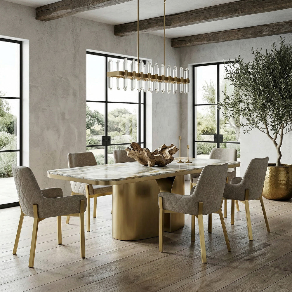 Matteo dining chair with mushroom-colored leather-look upholstery and sleek modern design, shown alongside a large dining table.
