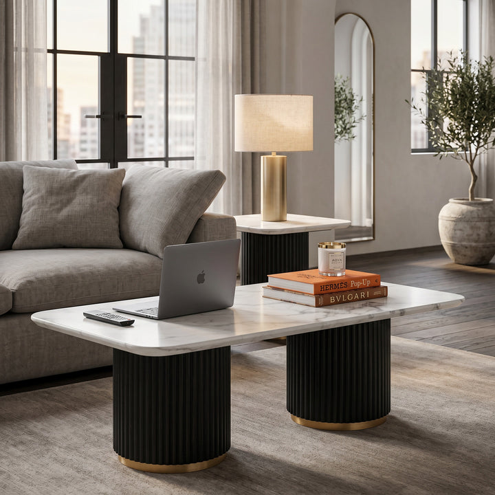 Modern Mariella coffee table with marble top and black metal legs, stylish centerpiece for living room decor.