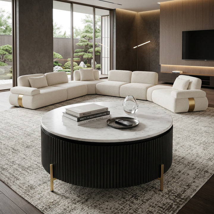 Marble-topped Miami Coffee Table in a modern living room setting with sofa, showcasing sleek design and elegant style.