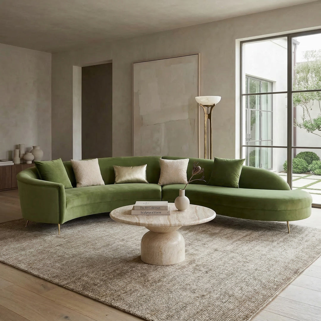 Modern green corner sofa in a contemporary living room, featuring plush cushions and a sleek design.