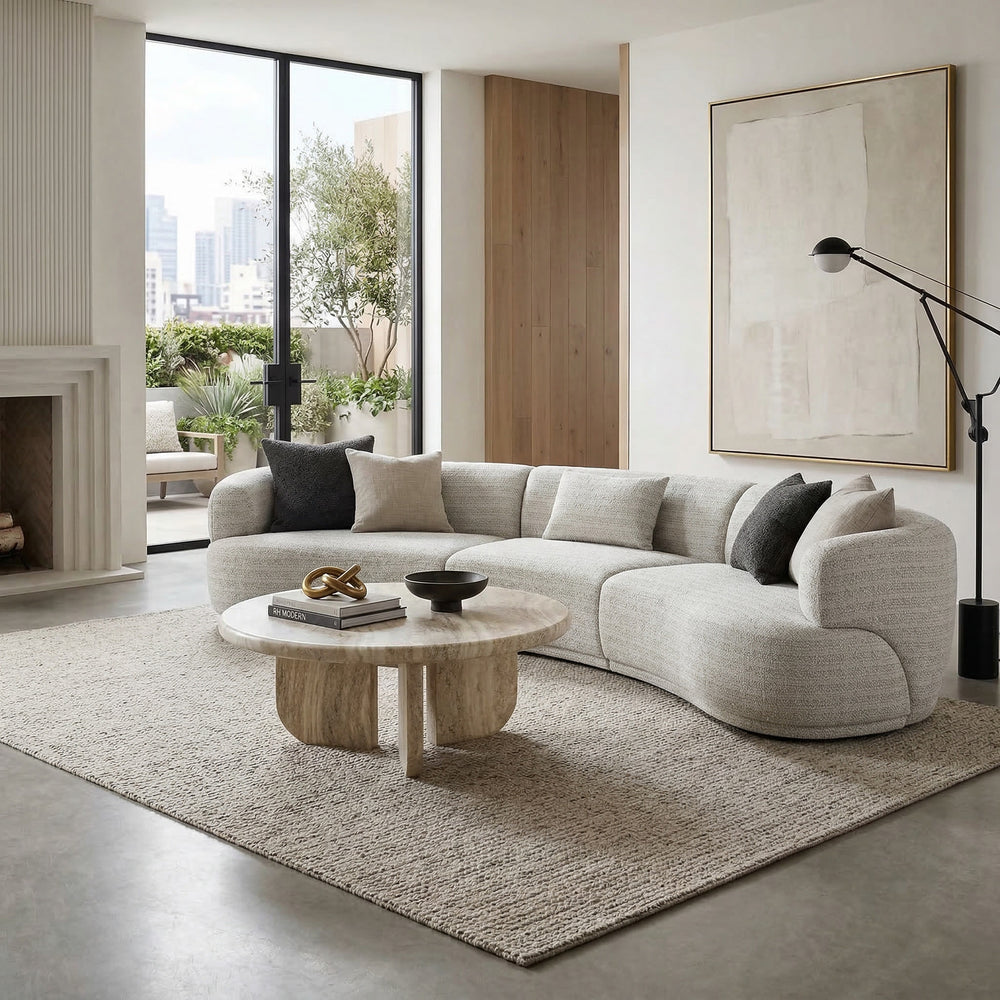 Modern Palermo sofa in a contemporary living room featuring sleek design and neutral fabric upholstery.