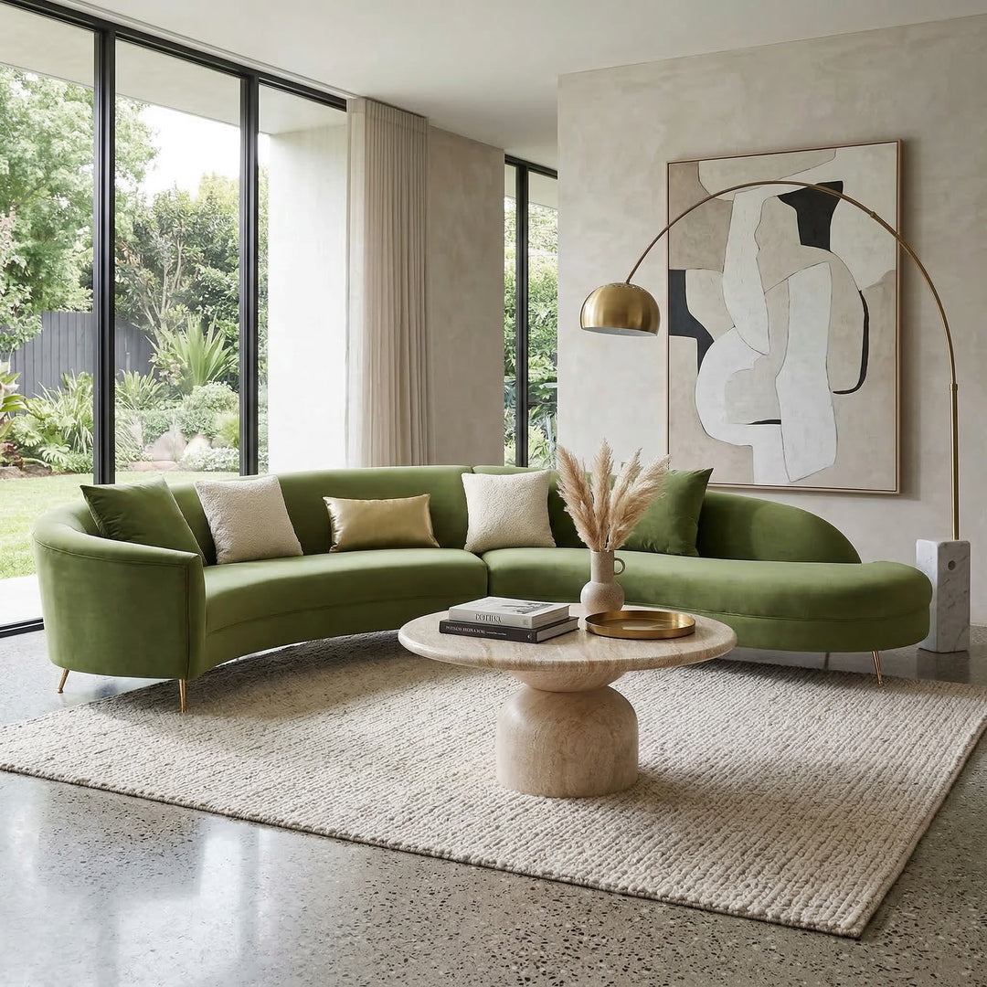 Modern green corner sofa in a stylish living room, showcasing the Verde corner sofa's comfortable modular design.