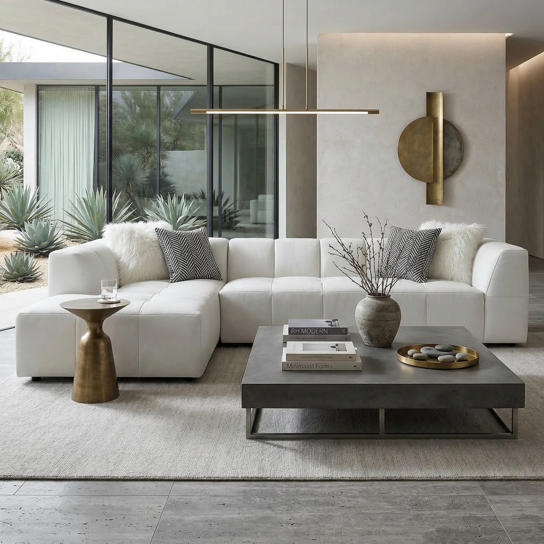 Modern living room with a textured creme Sorrento corner sofa, featuring plush cushions and a contemporary design.