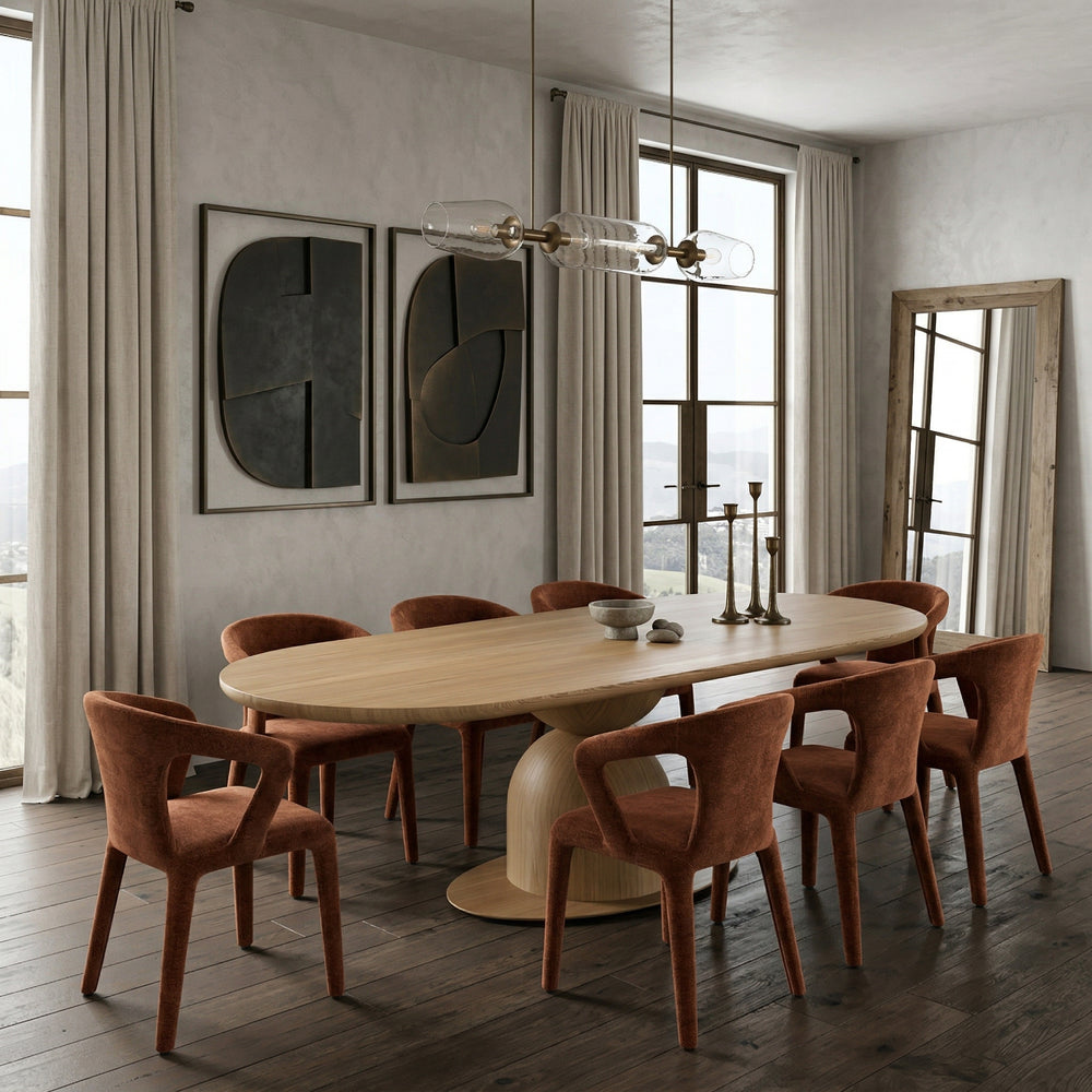 Oval oak dining table with a rust-colored finish, measuring 2.4 meters, perfect for modern dining rooms.