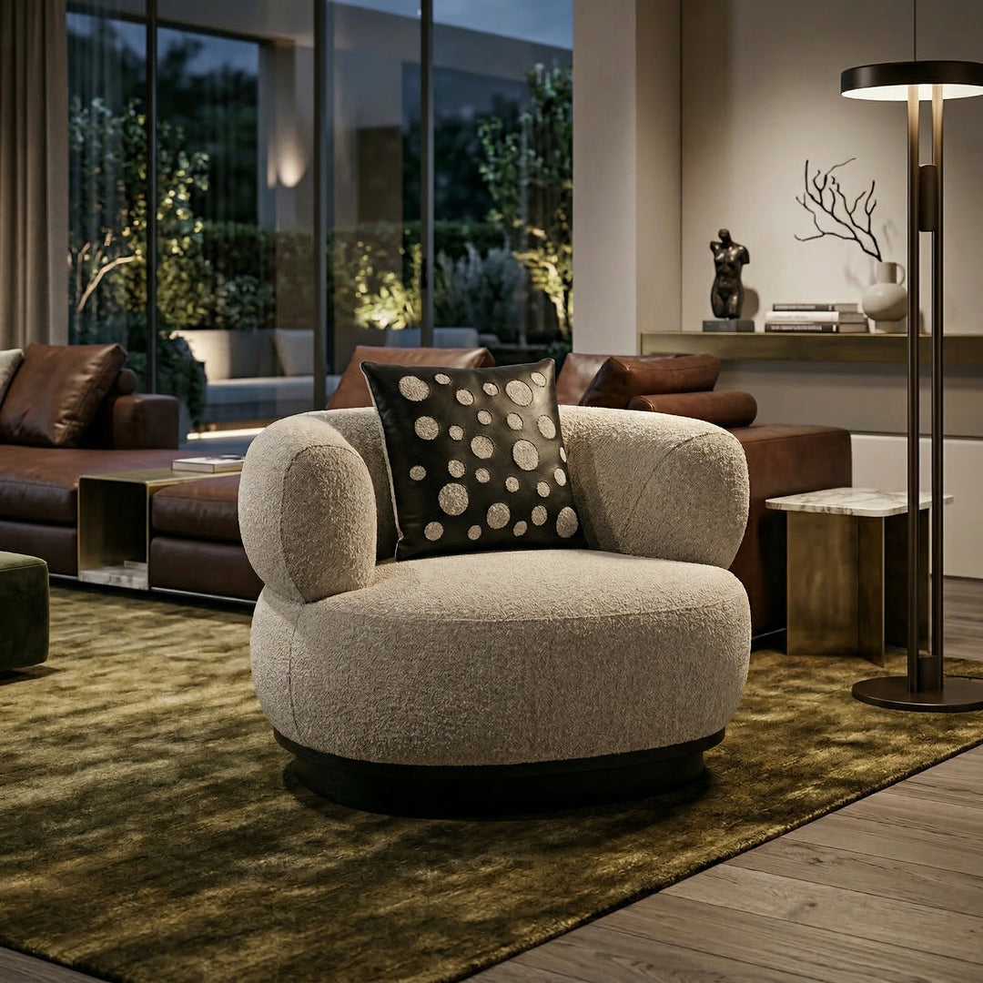 Modern grey boucle Neptune occasional chair with sleek design, perfect for contemporary living rooms and stylish seating areas.