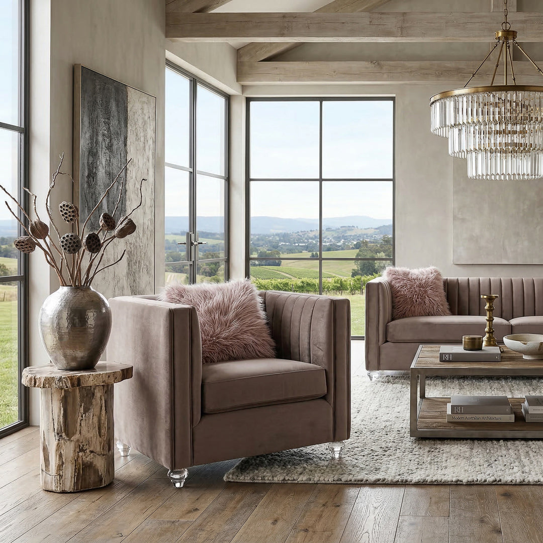 Modern beige Varsace 1-seater sofa in a contemporary living room setting, featuring sleek design and plush cushioning.