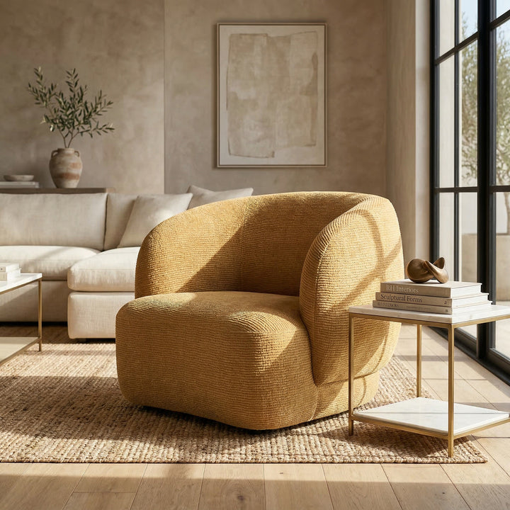 Textured bronze Puffy Chair, an modern occasional chair with plush fabric and sleek design inside a contemporary living room setting.