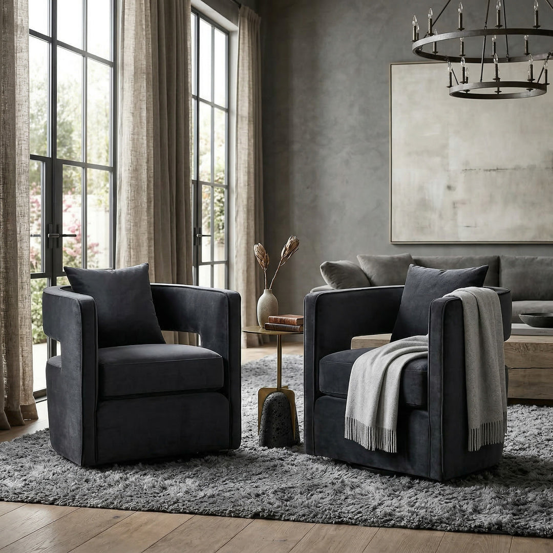 Black Rhonda Swivel Chair, modern occasional chair with a sleek design, shown in a contemporary living room setting.