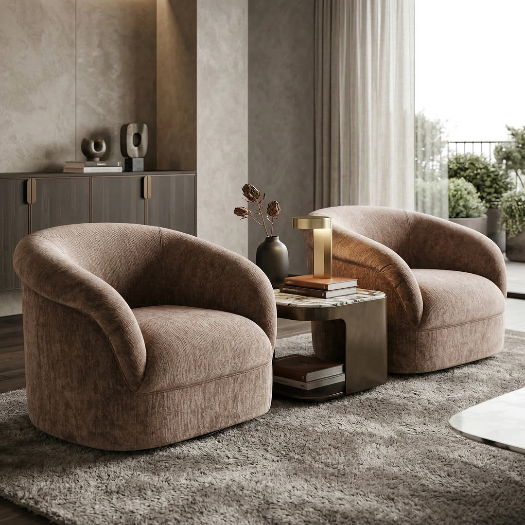 Modern Chiara Swivel Chair in a living room setting, featuring a sleek design and comfortable seating for casual spaces.