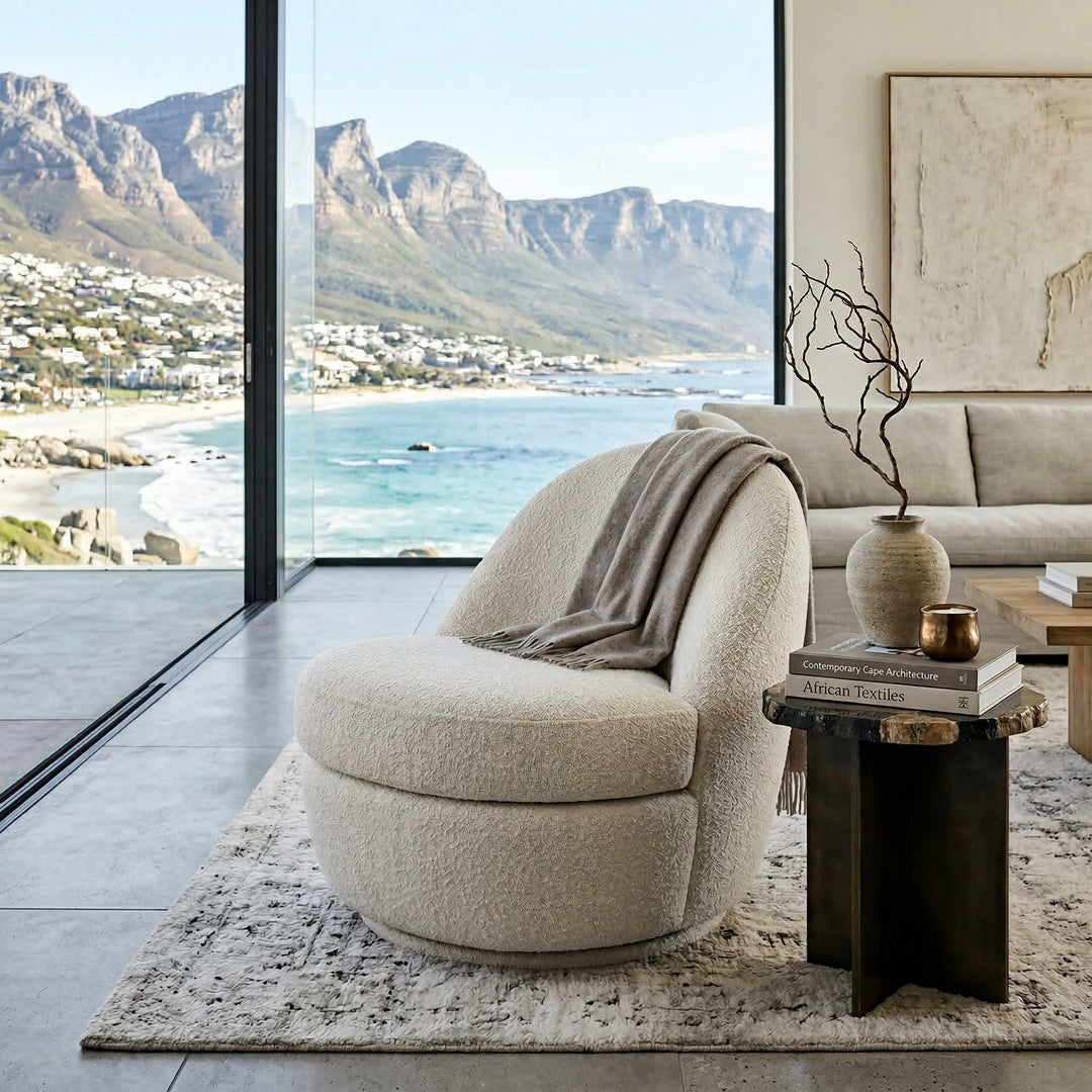 Modern Lusso Swivel Chair with a sleek design, featuring a rounded seat and metal base, perfect for contemporary living rooms.