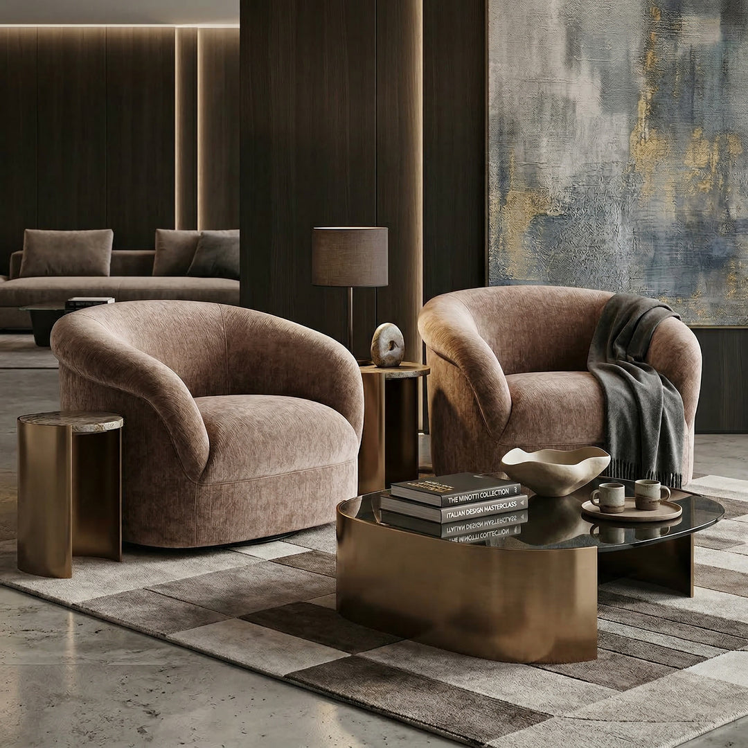 Modern Chiara Swivel Chair in a neutral fabric, designed as an occasional chair for stylish living room seating.