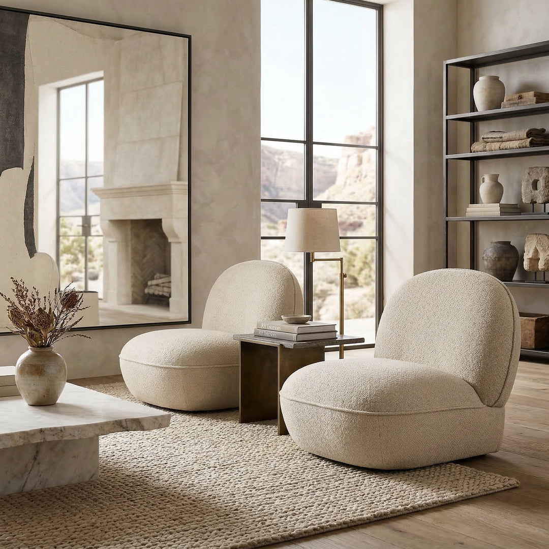 Modern Venus Chair in a living room setting, featuring a sleek design with curved armrests and plush upholstery.