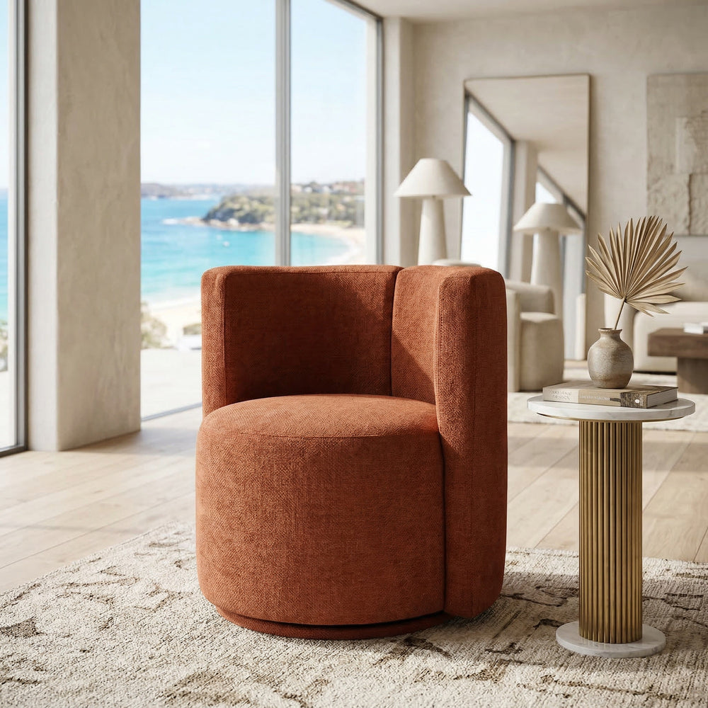 Rust-colored Montalcino Occasional Chair with modern design, featuring a sleek frame and plush upholstery in a contemporary living room setting.
