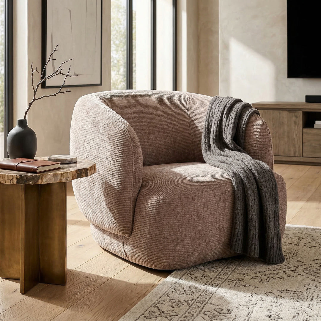 Textured mushroom-colored Puffy Chair, a modern occasional chair with cozy fabric, ideal for contemporary living room decor.