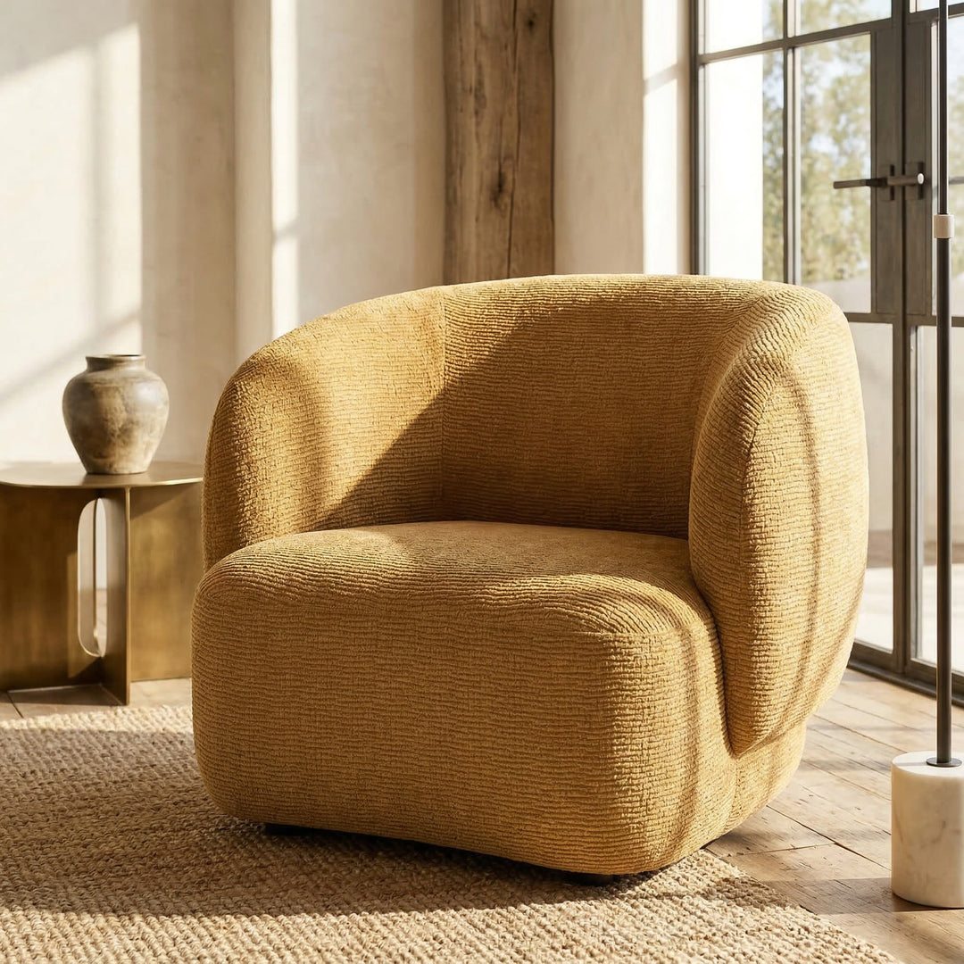 Textured bronze Puffy Chair, modern occasional chair with plush fabric and sleek design, ideal for contemporary living spaces.