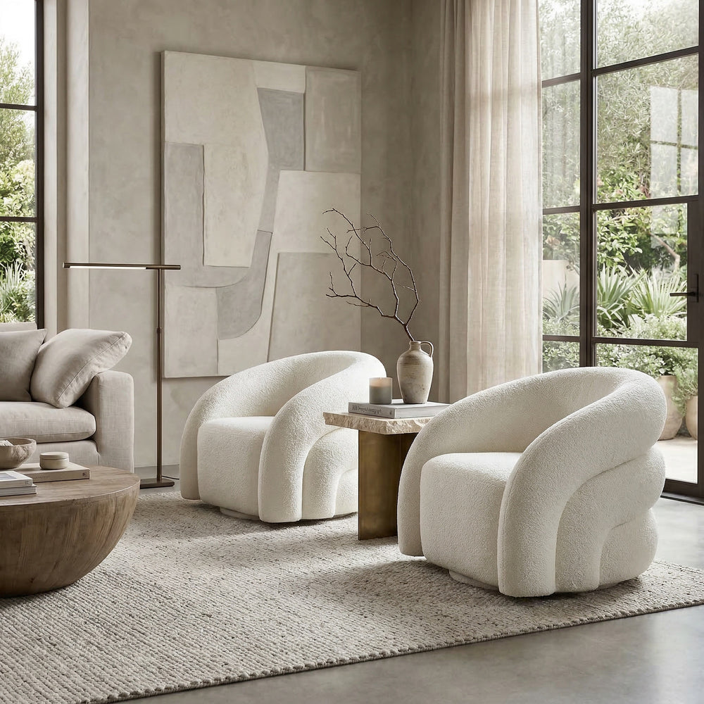 White Ventosa Swivel Chair, modern occasional chair with a sleek design, shown in a contemporary living room setting.