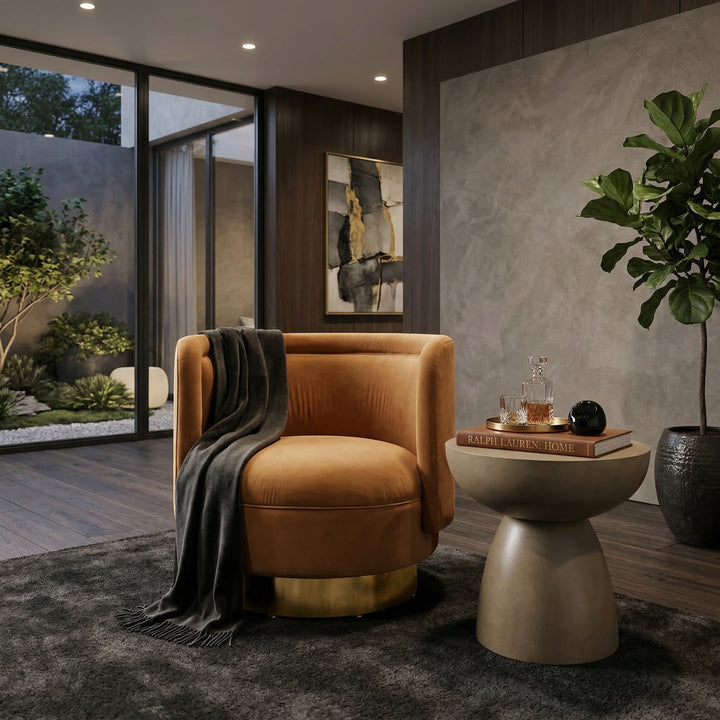 Orange Bismarque swivel chair in a living room setting, featuring a modern design with a rounded seat and swivel base.