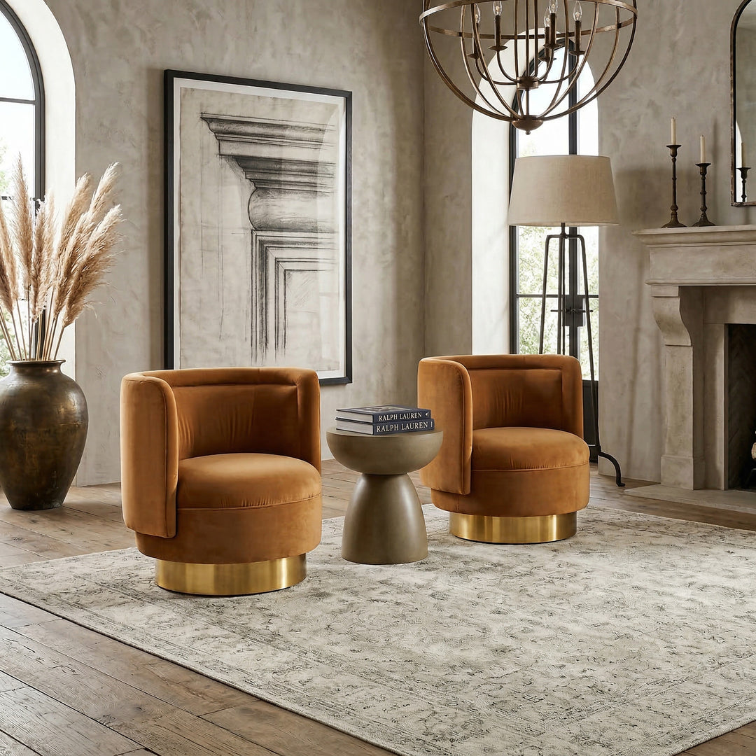 Orange Bismarque Swivel Chair in a living room setting, showcasing its modern design and comfortable upholstered seating.