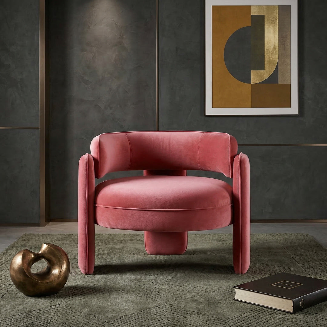 Coral red velvet Chilli Chair, an occasional chair with a modern design, perfect for living rooms or cozy spaces.