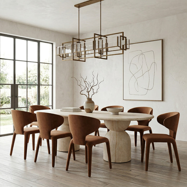 Synthia Oval Dining Table with travertine top, 2.4m length, featuring a sleek, modern design in a dining room setting.