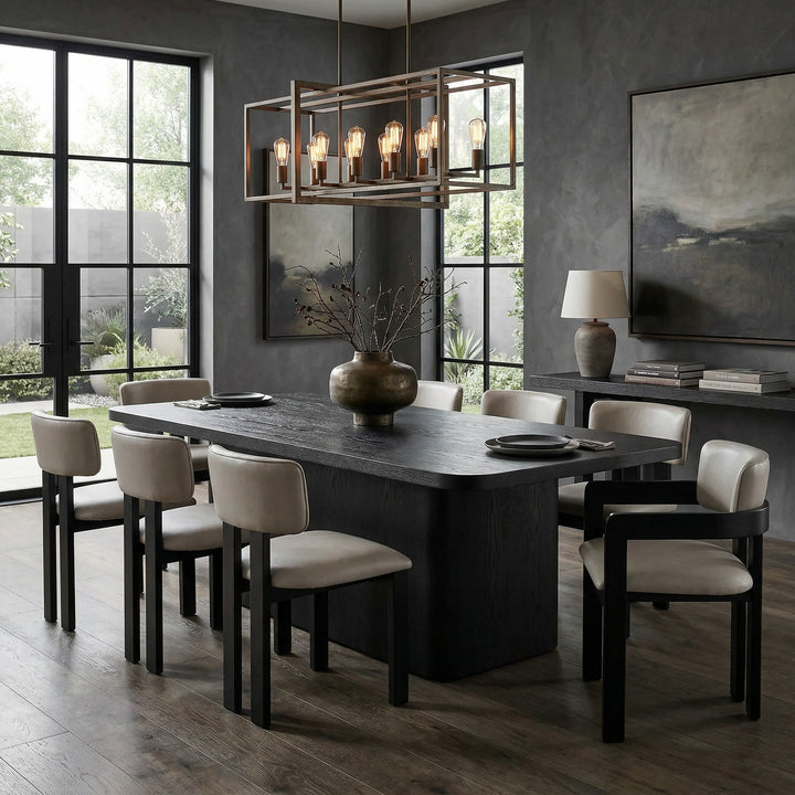 Black Colonna dining table, 2.4m rectangular oak table with matching chairs, perfect for modern dining rooms.