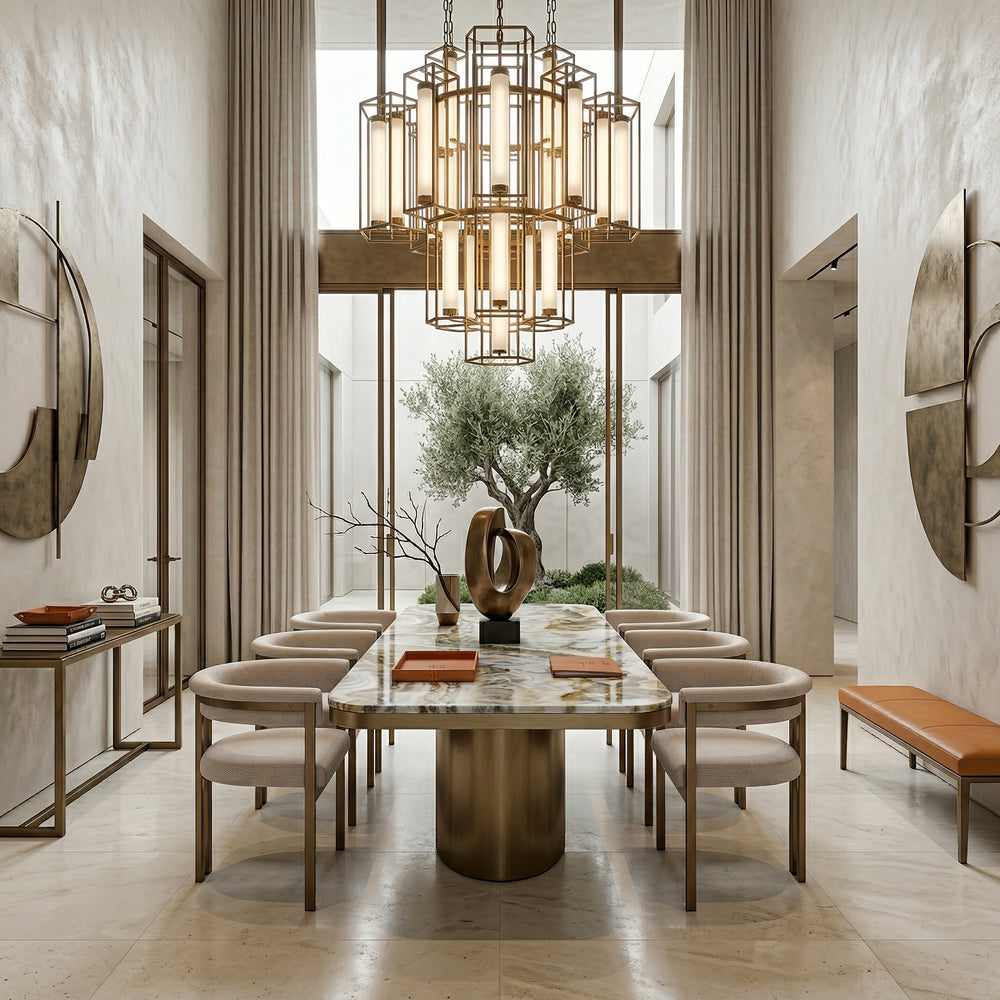 Beige Sheikh dining chair with smooth upholstery, shown alongside a rectangular marble dining table in a modern dining room setting.