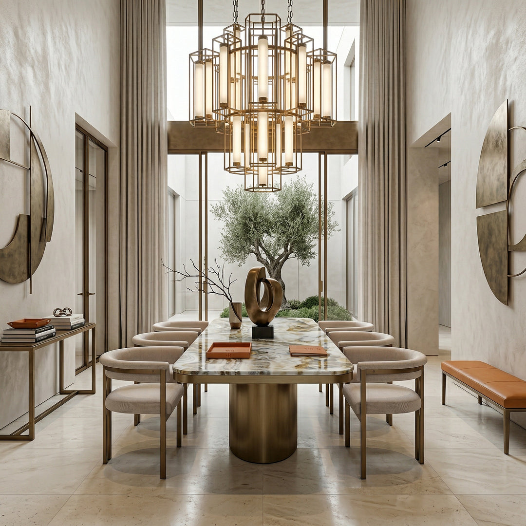 Beige Sheikh dining chair with smooth upholstery, shown alongside a rectangular marble dining table in a modern dining room setting.